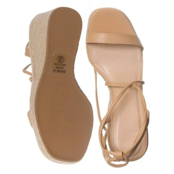 NEW Lace-Up Ankle Wrap Faux Leather Straps Espadrille Wedge Sandals Natural Nude - Picture 9 of 10